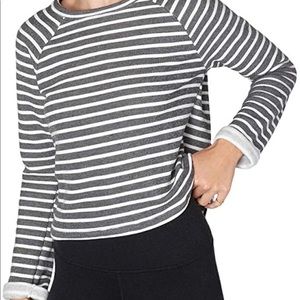 Beyond Yoga woman’s gray and white striped cropped pullover. Size Small.